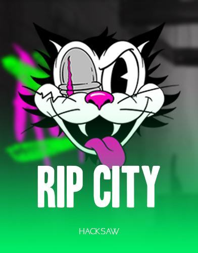 Rip City slot game featuring a cartoon cat with tongue sticking out, wearing a hat and glasses against a green background