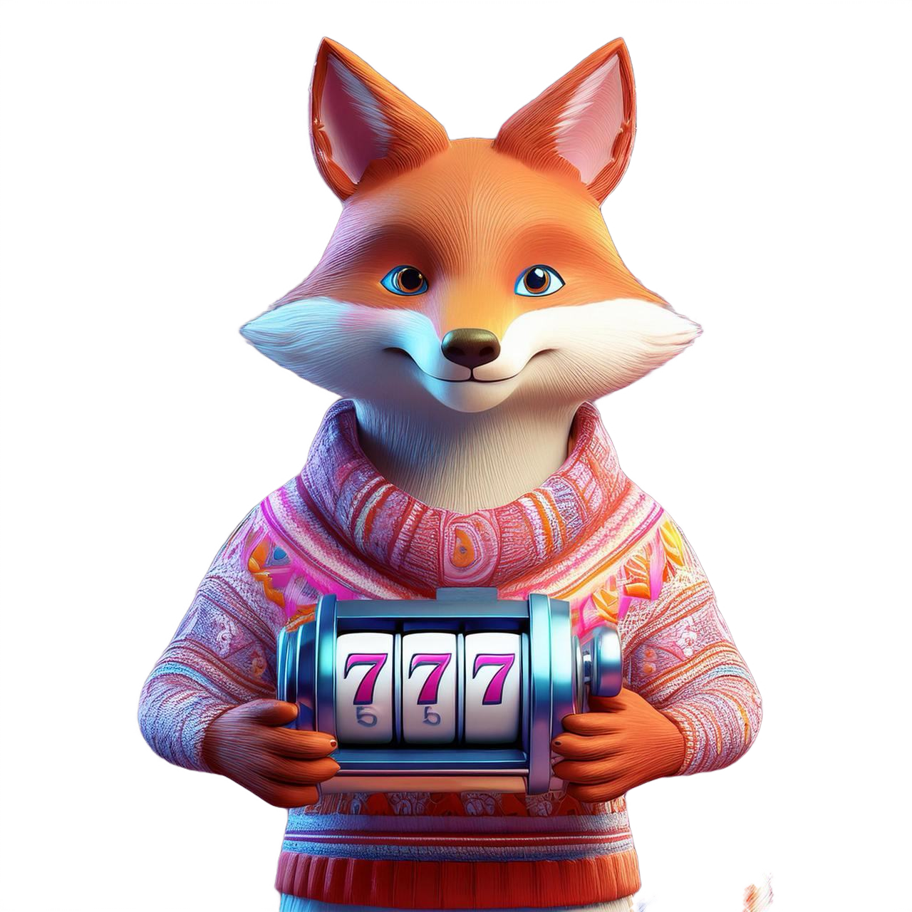 Cartoon fox mascot wearing a sweater and holding a slot machine with the number 77, representing the casino's playful character